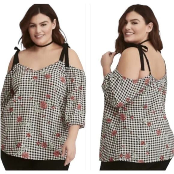 Torrid Gingham Floral Checkered Cold Shoulder Top Size 1X - Picture 1 of 5